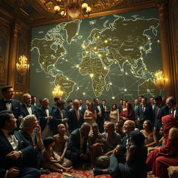 In a lavish ballroom filled with luxury and grandeur, a gathering of billionaires clad in bespoke suits and elegant gowns revel in their opulence