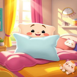 A whimsical illustration of a storybook scene featuring a magical pillow character, symbolizing laziness, who is a transformation of a young grandson into a pillow due to his laziness