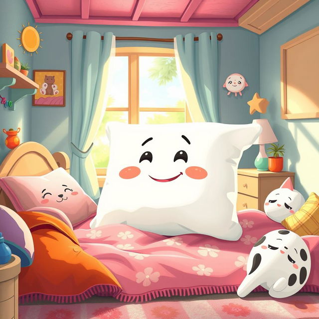 A whimsical illustration of a storybook scene featuring a magical pillow character, symbolizing laziness, who is a transformation of a young grandson into a pillow due to his laziness