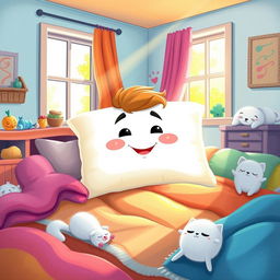 A whimsical illustration of a storybook scene featuring a magical pillow character, symbolizing laziness, who is a transformation of a young grandson into a pillow due to his laziness