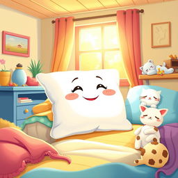 A whimsical illustration of a storybook scene featuring a magical pillow character, symbolizing laziness, who is a transformation of a young grandson into a pillow due to his laziness