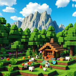 A vibrant and detailed 3D Minecraft landscape featuring a lush green forest with towering trees and colorful flowers, a clear blue sky with fluffy clouds, and a blocky mountainscape in the background