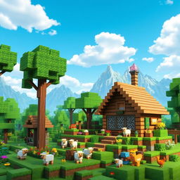 A vibrant and detailed 3D Minecraft landscape featuring a lush green forest with towering trees and colorful flowers, a clear blue sky with fluffy clouds, and a blocky mountainscape in the background