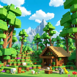 A vibrant and detailed 3D Minecraft landscape featuring a lush green forest with towering trees and colorful flowers, a clear blue sky with fluffy clouds, and a blocky mountainscape in the background