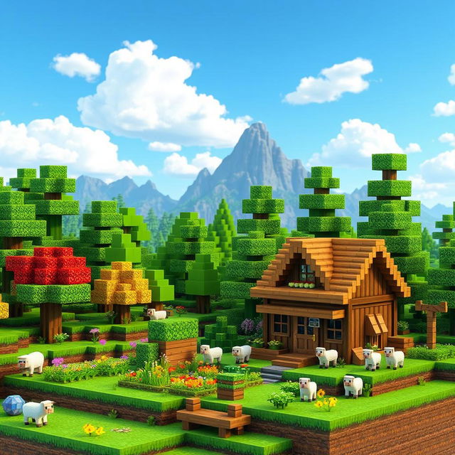 A vibrant and detailed 3D Minecraft landscape featuring a lush green forest with towering trees and colorful flowers, a clear blue sky with fluffy clouds, and a blocky mountainscape in the background