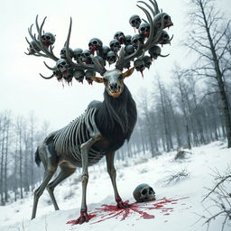 A tall, terrifying deer with a bony, skeletal appearance, standing in a snowy forest