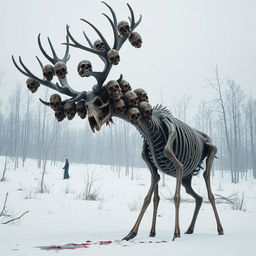 A tall, terrifying deer with a bony, skeletal appearance, standing in a snowy forest