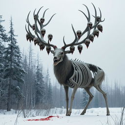 A tall, terrifying deer with a bony, skeletal appearance, standing in a snowy forest