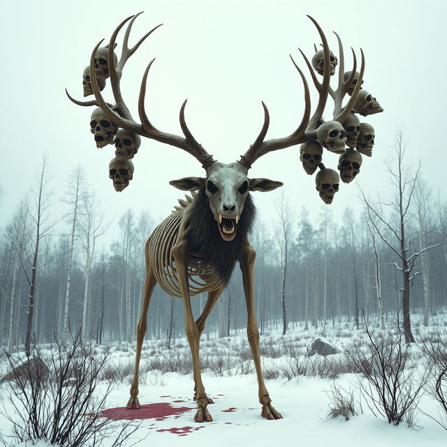 A tall, terrifying deer with a bony, skeletal appearance, standing in a snowy forest