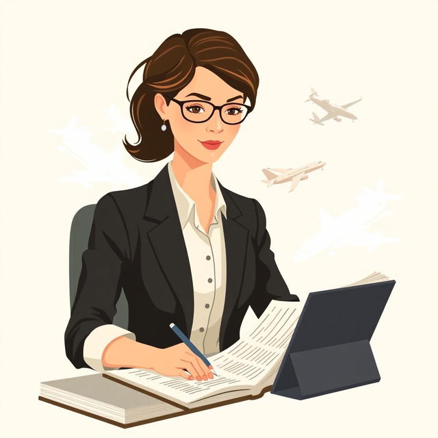 A simple yet realistic illustration of a woman symbolizing the balance between her career in accounting and her dreams of aviation