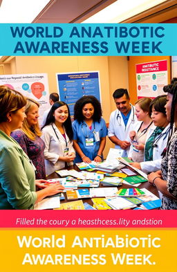A vibrant and engaging visual representation of World Antibiotic Awareness Week, featuring a diverse group of people in a collaborative healthcare setting, discussing antibiotic use