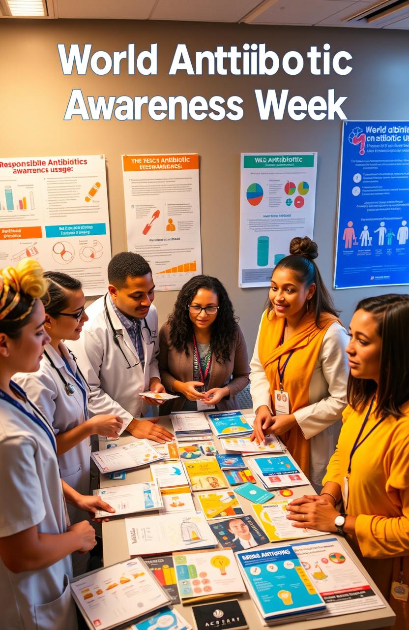 A vibrant and engaging visual representation of World Antibiotic Awareness Week, featuring a diverse group of people in a collaborative healthcare setting, discussing antibiotic use