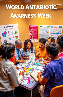 A vibrant and engaging visual representation of World Antibiotic Awareness Week, featuring a diverse group of people in a collaborative healthcare setting, discussing antibiotic use