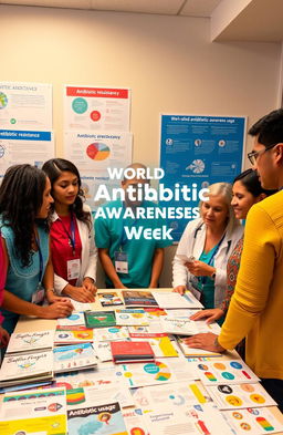 A vibrant and engaging visual representation of World Antibiotic Awareness Week, featuring a diverse group of people in a collaborative healthcare setting, discussing antibiotic use