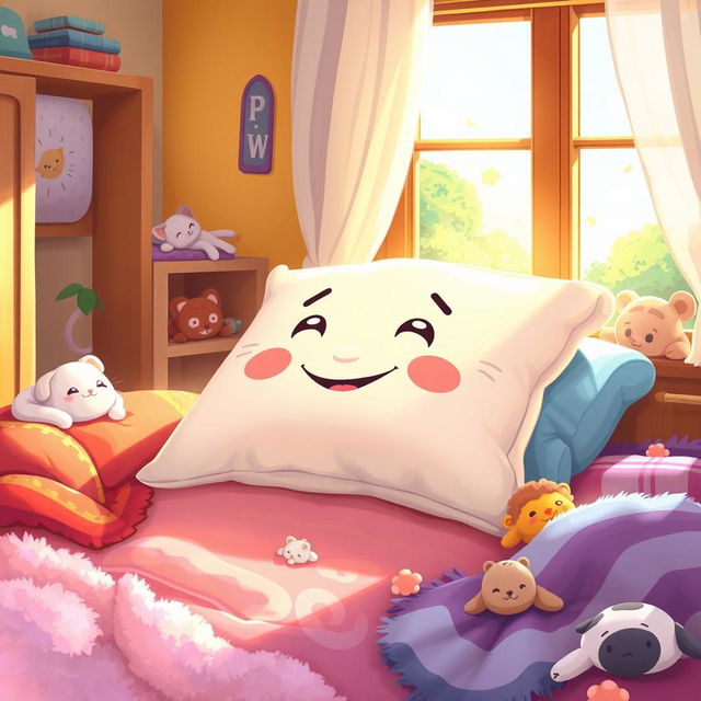 A whimsical illustration of a storybook scene depicting the legend of a lazy grandson who turns into a magical pillow