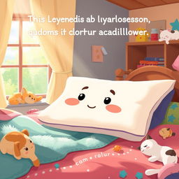 A whimsical illustration of a storybook scene depicting the legend of a lazy grandson who turns into a magical pillow