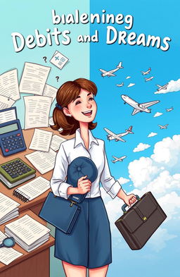 A whimsical illustration depicting the concept of balancing debits and dreams, showcasing a young woman in a business setting surrounded by accounting documents, calculators, and spreadsheets on one side