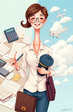 A whimsical illustration depicting the concept of balancing debits and dreams, showcasing a young woman in a business setting surrounded by accounting documents, calculators, and spreadsheets on one side