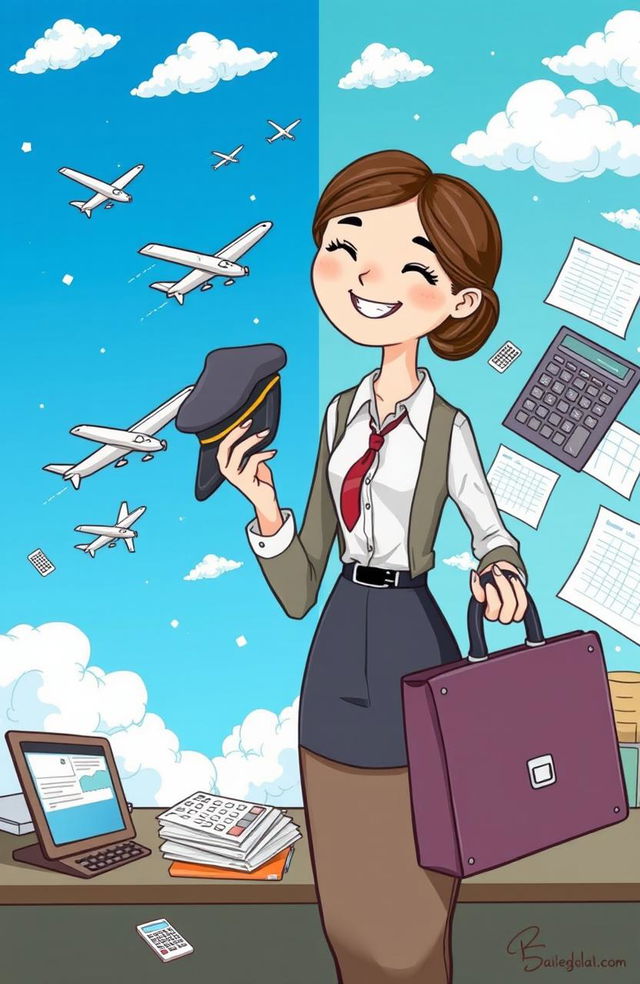 A whimsical illustration depicting the concept of balancing debits and dreams, showcasing a young woman in a business setting surrounded by accounting documents, calculators, and spreadsheets on one side