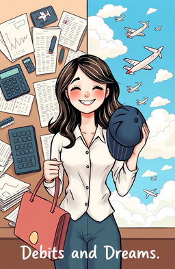 A whimsical illustration depicting the concept of balancing debits and dreams, showcasing a young woman in a business setting surrounded by accounting documents, calculators, and spreadsheets on one side