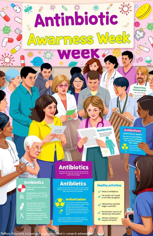 A vibrant and informative scene depicting Antibiotic Awareness Week, featuring a diverse group of people of various ages and ethnicities engaged in educational activities about the responsible use of antibiotics