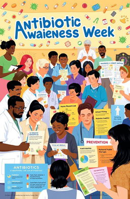A vibrant and informative scene depicting Antibiotic Awareness Week, featuring a diverse group of people of various ages and ethnicities engaged in educational activities about the responsible use of antibiotics