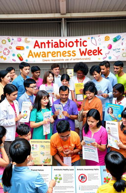 A vibrant and informative scene depicting Antibiotic Awareness Week, featuring a diverse group of people of various ages and ethnicities engaged in educational activities about the responsible use of antibiotics