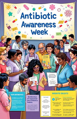 A vibrant and informative scene depicting Antibiotic Awareness Week, featuring a diverse group of people of various ages and ethnicities engaged in educational activities about the responsible use of antibiotics