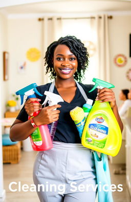 A beautiful black woman with a warm smile, dressed in professional cleaning attire, showcasing a variety of cleaning supplies