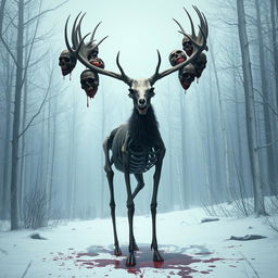 A tall, terrifying deer with a skeletal, emaciated body standing in a snowy forest, its bony frame giving it a haunting presence