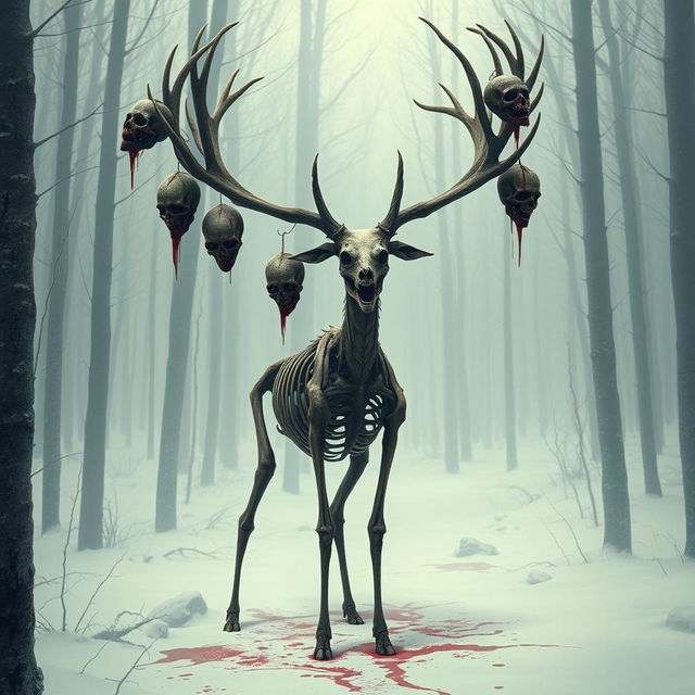 A tall, terrifying deer with a skeletal, emaciated body standing in a snowy forest, its bony frame giving it a haunting presence