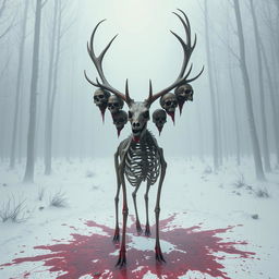 A tall, terrifying deer with a skeletal, emaciated body standing in a snowy forest, its bony frame giving it a haunting presence