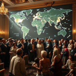 In a lavish ballroom filled with luxurious decor, a gathering of billionaires dressed in bespoke suits and elegant gowns revels in their extravagance