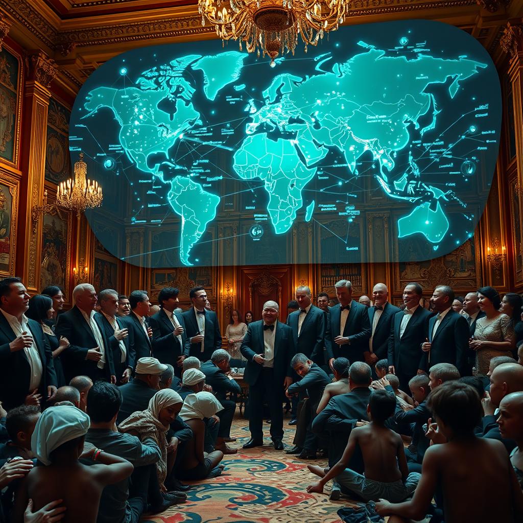 In a lavish ballroom filled with luxurious decor, a gathering of billionaires dressed in bespoke suits and elegant gowns revels in their extravagance