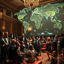 In a lavish ballroom filled with luxurious decor, a gathering of billionaires dressed in bespoke suits and elegant gowns revels in their extravagance