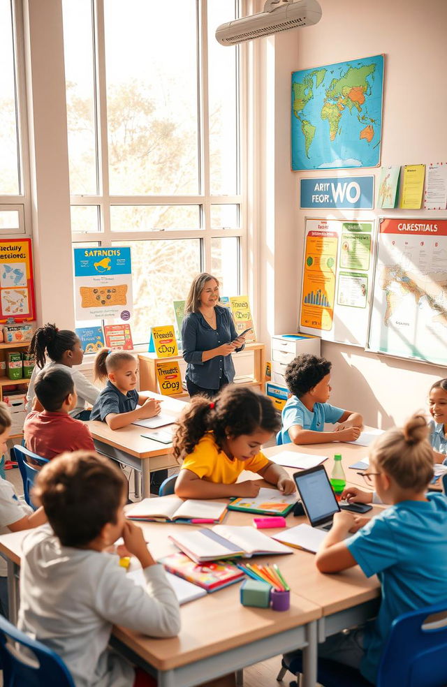 A vibrant and engaging classroom scene showing students actively participating in a learning environment