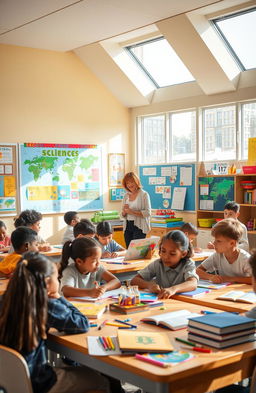 A vibrant and engaging classroom scene showing students actively participating in a learning environment