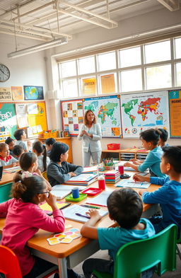 A vibrant and engaging classroom scene showing students actively participating in a learning environment