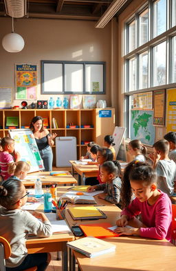 A vibrant and engaging classroom scene showing students actively participating in a learning environment