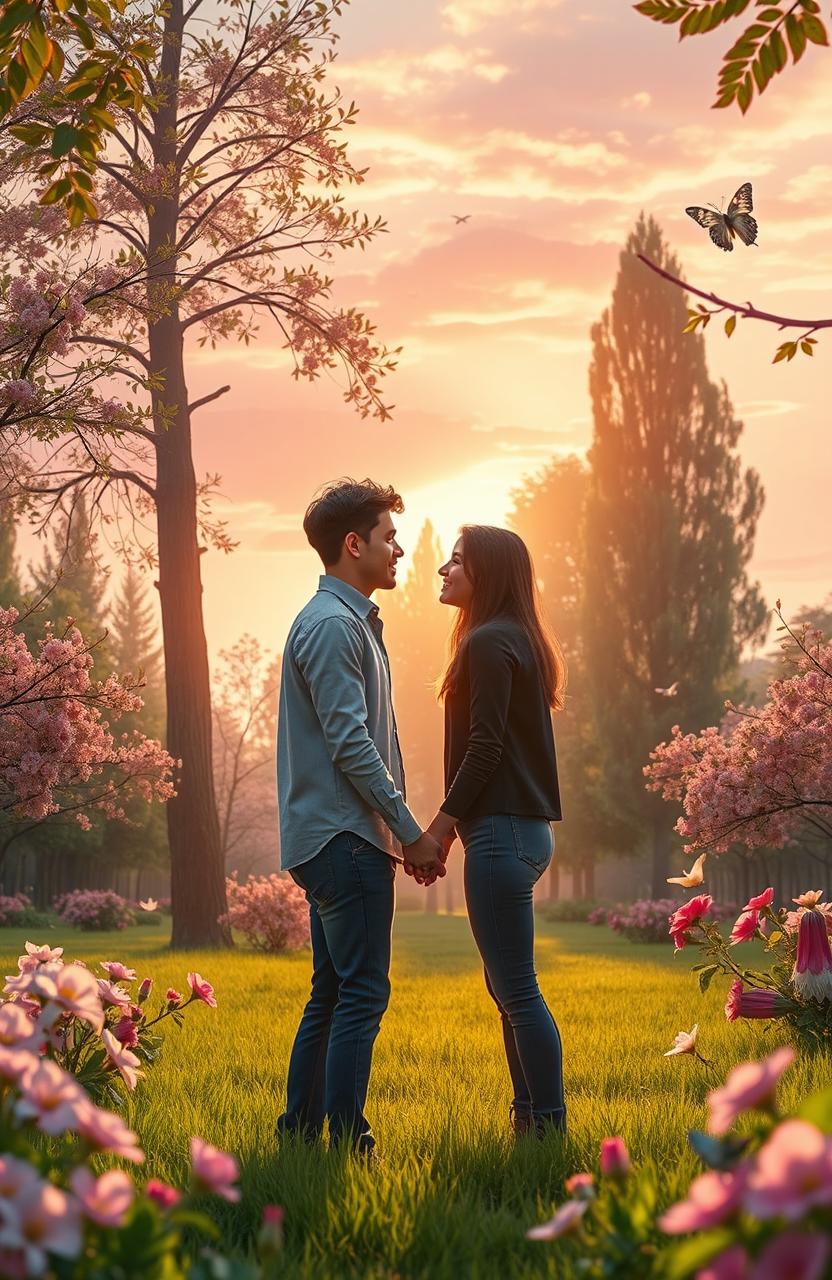 A romantic setting depicting a couple in a lush, vibrant park during sunset, surrounded by blooming flowers and tall trees