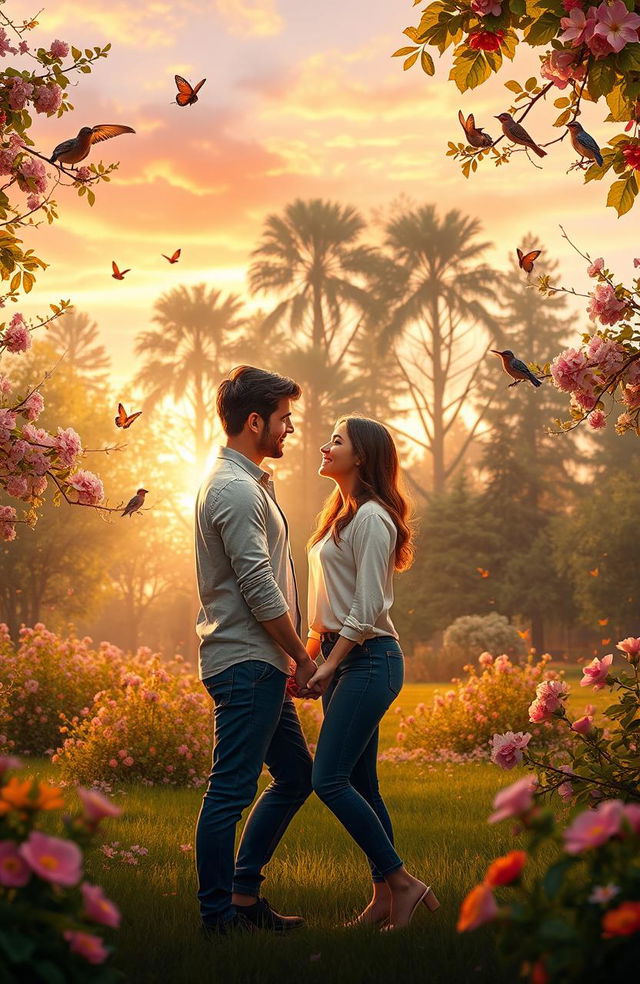 A romantic setting depicting a couple in a lush, vibrant park during sunset, surrounded by blooming flowers and tall trees