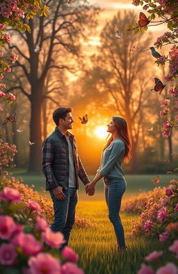 A romantic setting depicting a couple in a lush, vibrant park during sunset, surrounded by blooming flowers and tall trees