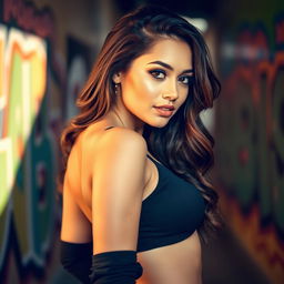 A confident young woman with an attractive figure, showcasing her curves