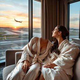 A serene and intimate scene in a luxurious hotel suite at Bloc Hotel London Gatwick, featuring Scarlett, a beautiful woman in her 40s, and her stepdaughter Amanda, an attractive woman in her 20s