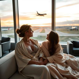 A serene and intimate scene in a luxurious hotel suite at Bloc Hotel London Gatwick, featuring Scarlett, a beautiful woman in her 40s, and her stepdaughter Amanda, an attractive woman in her 20s
