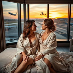 A serene and intimate scene in a luxurious hotel suite at Bloc Hotel London Gatwick, featuring Scarlett, a beautiful woman in her 40s, and her stepdaughter Amanda, an attractive woman in her 20s