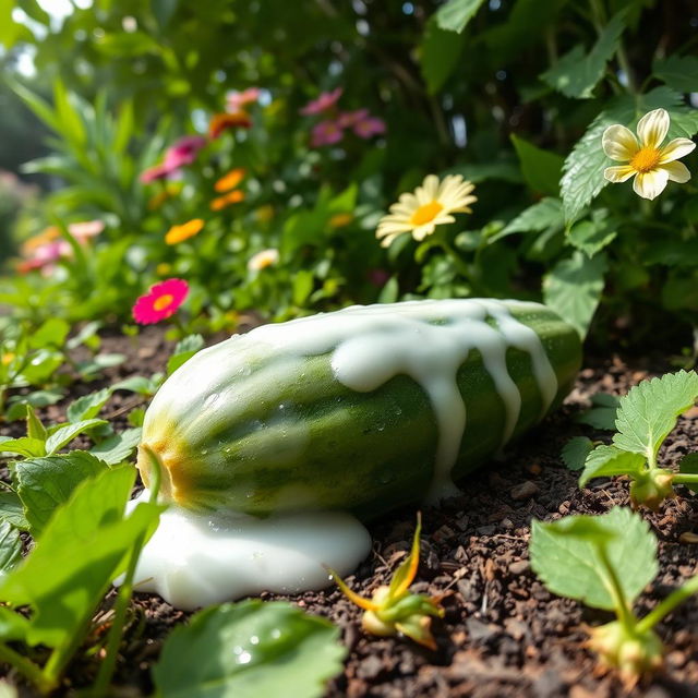 A single cucumber covered in thick white liquid, resting on the ground of a lush garden