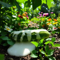A single cucumber covered in thick white liquid, resting on the ground of a lush garden