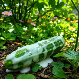 A single cucumber covered in thick white liquid, resting on the ground of a lush garden