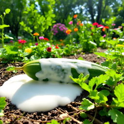 A single cucumber covered in thick white liquid, resting on the ground of a lush garden